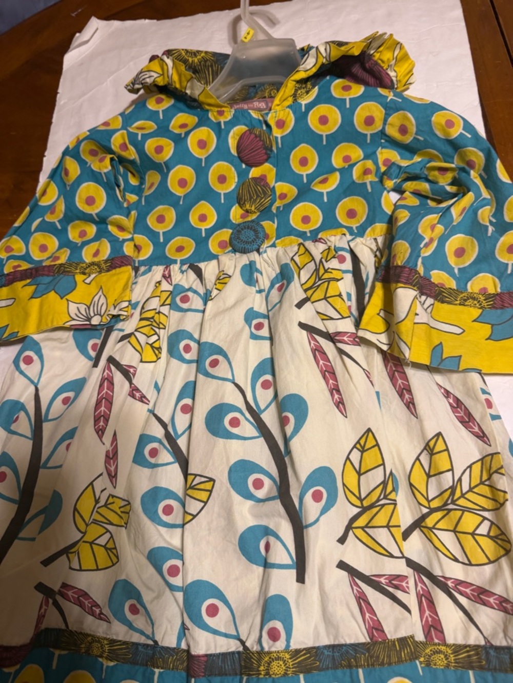 Jelly The Pug Girls Teal, Yellow & brige Floral Patchwork Dress
